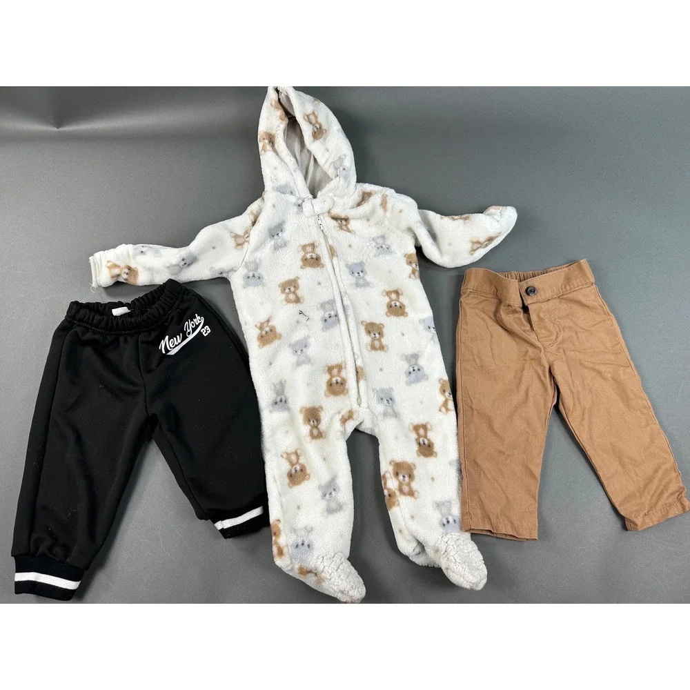 Baby Gear Boys 3pc Set 6-9M Teddy Bear‎ Fleece Footie Joggers Chinos Multicolor